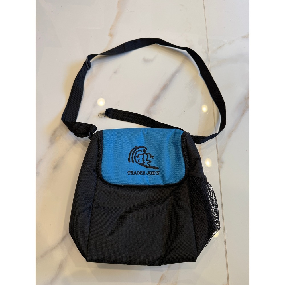 Vintage Trader Joe's Insulated Lunch Bag Crossbody Cooler Blue Surfing Logo